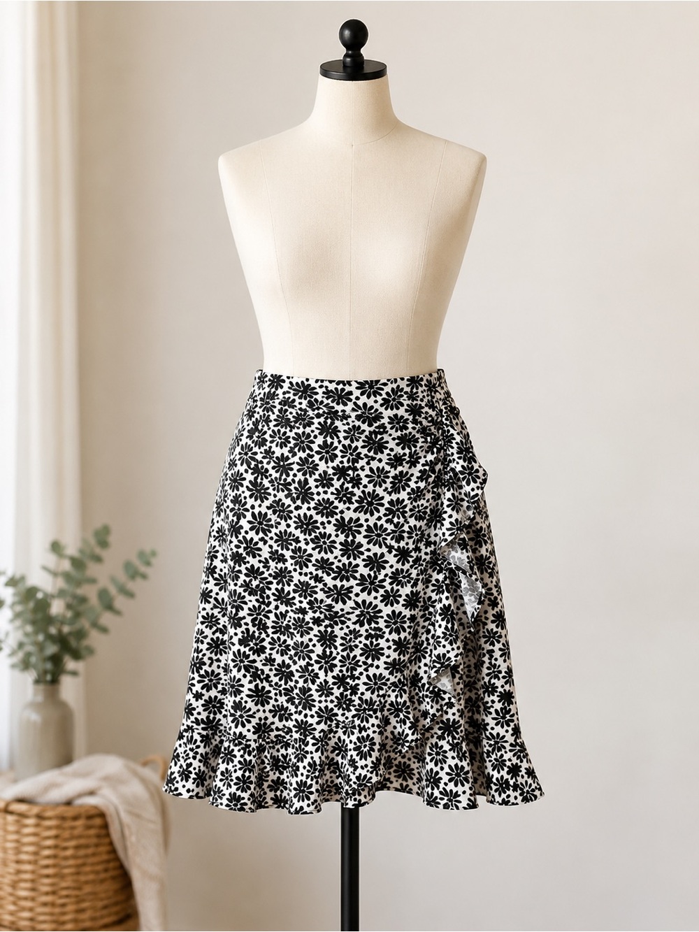 LOFT Black & White Floral Ruffle Wrap Skirt